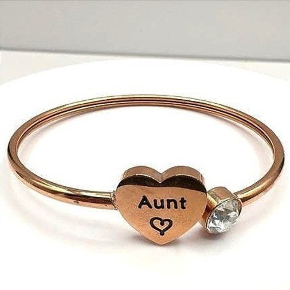 Vintage 90s Gold Tone Aunt Heart Rhinestone Bypass Bangle Bracelet Fashion